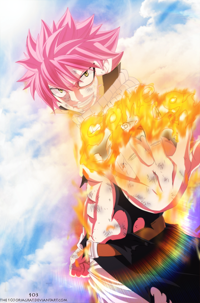 Anime picture 727x1100 with fairy tail natsu dragneel the103orjagrat single tall image short hair smile yellow eyes pink hair sky cloud (clouds) sunlight sleeveless grin torn clothes coloring magic muscle boy scarf