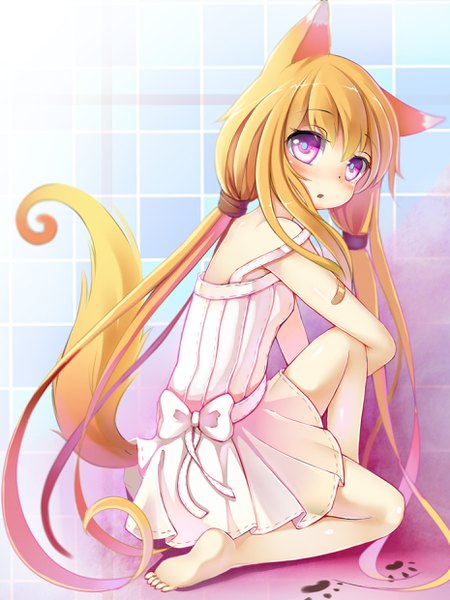 Anime picture 1860x2480 with original ming (3952862) single tall image looking at viewer blush fringe highres blonde hair hair between eyes purple eyes twintails animal ears bent knee (knees) tail very long hair animal tail barefoot :o fox tail
