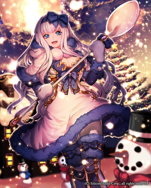 Anime picture 800x1000 with gyakushuu no fantasica katagiri hachigou single long hair tall image looking at viewer blue eyes white hair blurry depth of field snowing christmas winter snow girl dress bow hair bow moon spoon