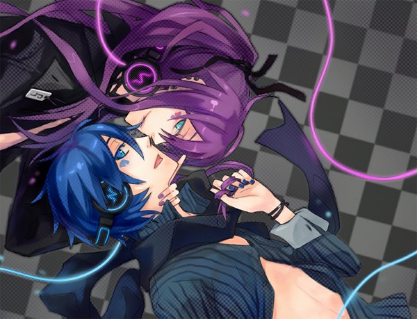 Anime picture 1112x851 with vocaloid kaito (vocaloid) kamui gakupo long hair looking at viewer short hair blue eyes smile green eyes blue hair purple hair ponytail lying nail polish profile aqua eyes light smile open clothes multiple boys open shirt