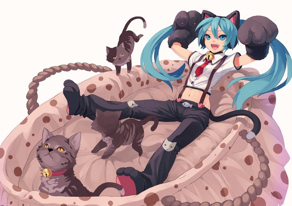 Anime picture 1500x1061 with vocaloid hatsune miku fkey open mouth blue eyes twintails animal ears very long hair cat ears aqua hair midriff cat girl cat tail nyan ko (module) girl navel necktie bell cat suspenders