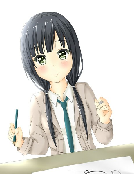 Anime picture 771x1000 with shirobako p.a. works yasuhara ema tear yu single long hair tall image looking at viewer blush fringe black hair simple background smile white background green eyes girl necktie clothes
