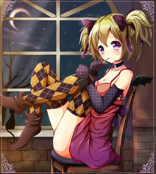 Anime picture 1278x1422 with original ok-ray single tall image short hair brown hair purple eyes polka dot bat wings crescent rhombus girl thighhighs gloves bow hair bow wings elbow gloves boots window
