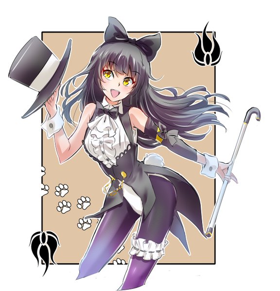 Anime picture 5000x5200 with rwby rooster teeth blake belladonna iesupa single long hair tall image fringe highres open mouth black hair simple background smile white background bare shoulders holding looking away absurdres head tilt :d