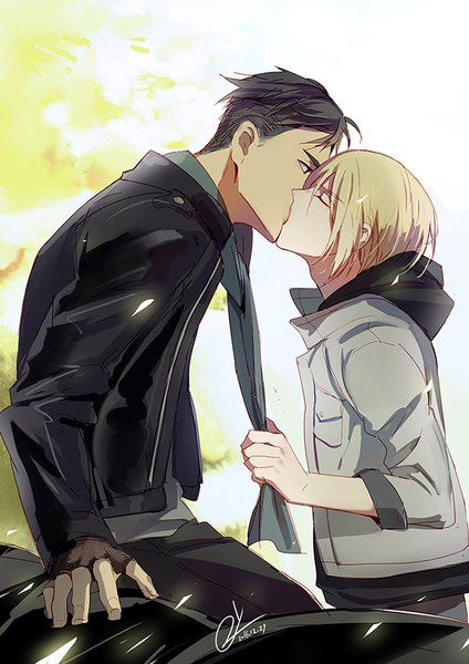 Anime picture 650x919 with yuri!!! on ice mappa yuri plisetsky otabek altin 2y tall image short hair black hair blonde hair signed outdoors eyes closed profile black eyes multiple boys dated kiss shounen ai boy gloves