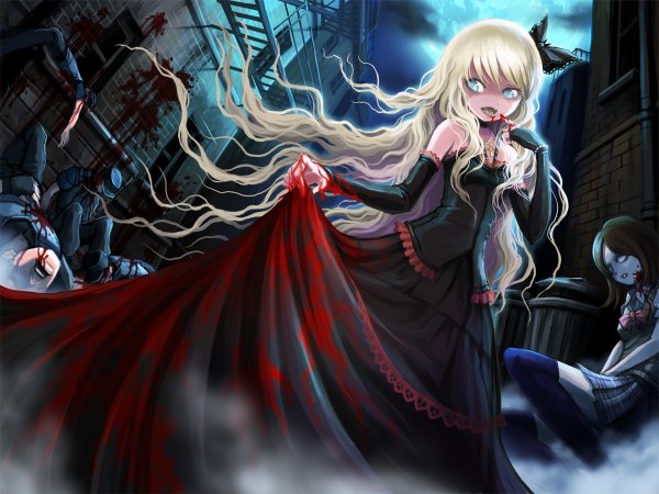 Anime picture 1200x900 with original ume (illegal bible) long hair open mouth blue eyes blonde hair vampire guro murder girl dress gloves bow hair bow elbow gloves black dress moon blood
