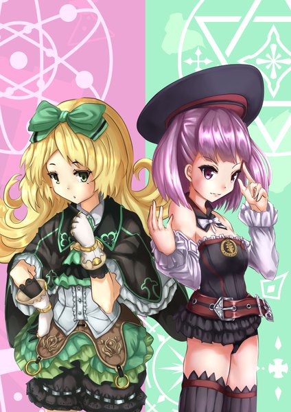 Anime picture 827x1170 with fate (series) fate/grand order atelier (series) atelier shallie gust (company) helena blavatsky (fate) miruca crotze wakaura asaho long hair tall image looking at viewer fringe light erotic blonde hair purple eyes multiple girls green eyes purple hair parted lips light smile