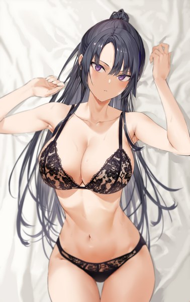 Anime picture 4760x7560 with original hiiragi yuuichi single long hair tall image looking at viewer blush fringe highres breasts light erotic black hair hair between eyes large breasts purple eyes absurdres cleavage ponytail lying from above