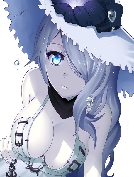 Anime picture 1600x2100 with kantai collection seaport summer hime wintersteam single long hair tall image looking at viewer fringe breasts blue eyes light erotic simple background large breasts white background bare shoulders cleavage silver hair upper body parted lips hair over one eye
