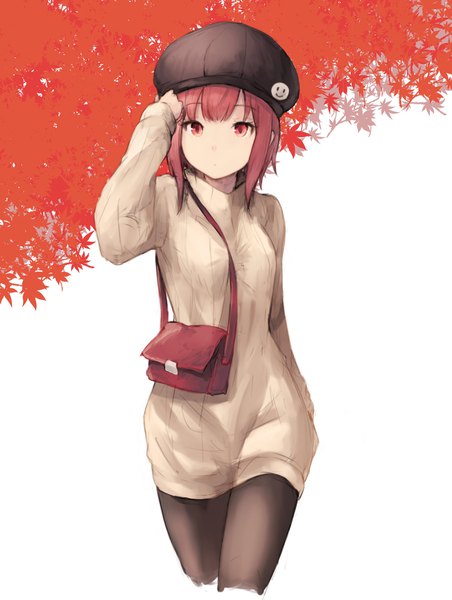 Anime picture 1797x2384 with kantai collection z3 destroyer (max schultz) koretsuki azuma single tall image looking at viewer highres short hair breasts simple background red eyes white background red hair alternate costume adjusting hair arm behind back girl hat pantyhose black pantyhose