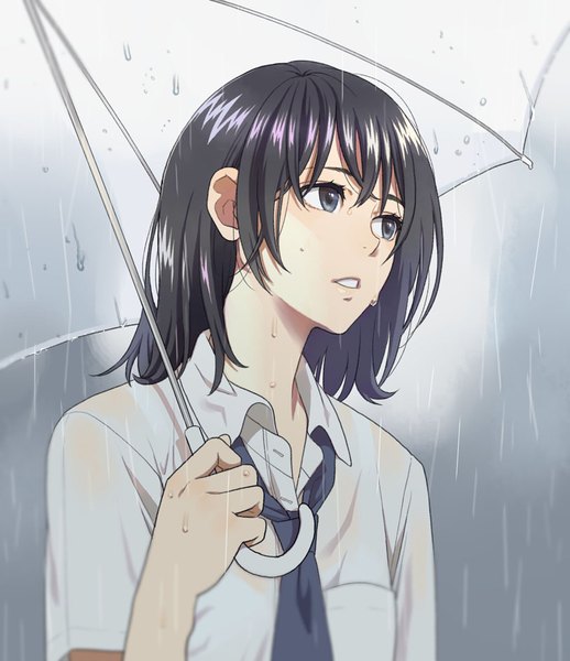 Anime picture 815x944 with original mattaku mousuke single tall image fringe short hair black hair simple background hair between eyes holding looking away upper body parted lips black eyes blurry grey background wet rain wet clothes wet shirt
