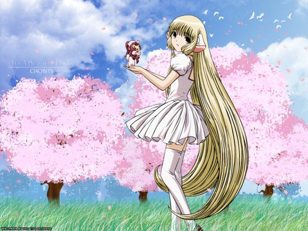 Anime picture 1280x960 with chobits chii sumomo looking at viewer fringe standing multiple girls holding brown eyes payot sky cloud (clouds) outdoors very long hair head tilt wind inscription short sleeves cherry blossoms nature