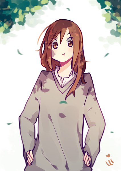 Anime picture 2508x3541 with hori-san to miyamura-kun hori kyouko uikoui single long hair tall image looking at viewer fringe highres simple background hair between eyes brown hair standing brown eyes signed upper body hands on hips :t pout girl