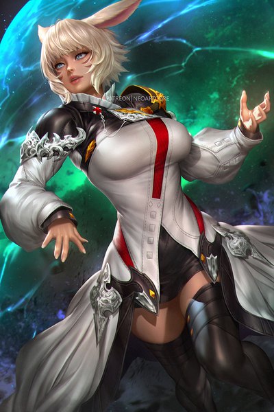 Anime picture 800x1199 with final fantasy final fantasy xiv square enix y'shtola rhul nudtawut thongmai single tall image fringe short hair blue eyes blonde hair standing animal ears looking away blunt bangs nail polish lips cat ears realistic cat girl
