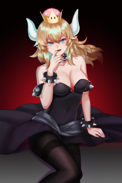 Anime picture 2000x3000 with super mario bros. new super mario bros. u deluxe bowsette riyu (gauzama) single long hair tall image looking at viewer blush fringe highres breasts open mouth blue eyes light erotic simple background blonde hair hair between eyes sitting payot