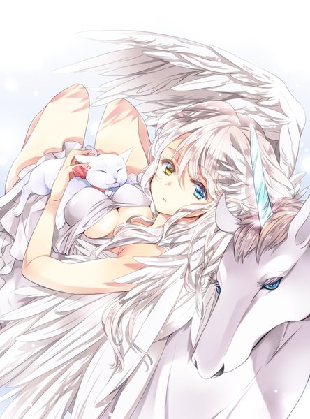 Anime picture 1200x1619 with original mihara youzora single long hair tall image looking at viewer breasts blue eyes yellow eyes white hair looking back heterochromia white wings girl dress animal wings white dress cat unicorn