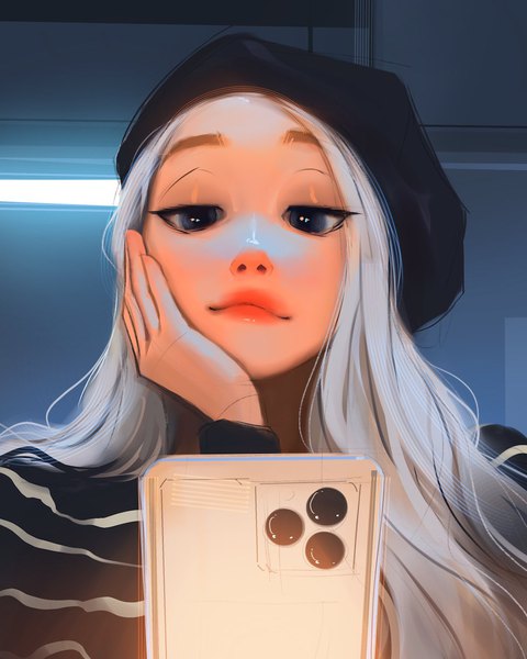 Anime picture 1080x1350 with original sam yang single long hair tall image blue eyes upper body white hair indoors looking down light eyebrows hand on face chin rest girl beret mobile phone smartphone