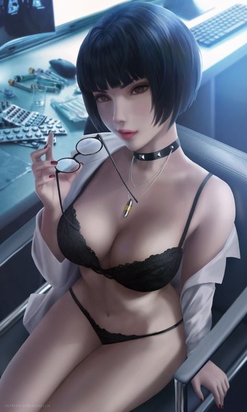 Anime picture 3900x6500 with persona 5 persona takemi tae wickellia single tall image looking at viewer blush fringe highres short hair breasts light erotic black hair large breasts sitting holding brown eyes absurdres cleavage