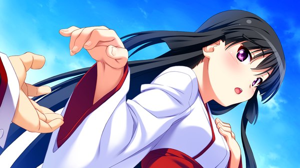 Anime picture 1024x576 with makai tenshi djibril ayanokouji aoi long hair open mouth black hair wide image game cg pink eyes miko girl