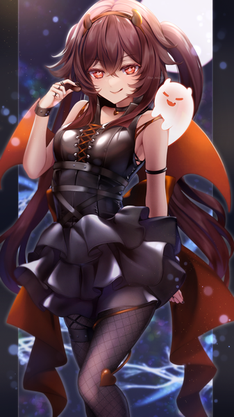 Anime picture 2160x3840 with genshin impact hu tao (genshin impact) boo tao (genshin impact) asahi (vjss4548) single long hair tall image fringe highres hair between eyes red eyes brown hair standing twintails alternate costume sleeveless symbol-shaped pupils ghost fake antlers girl