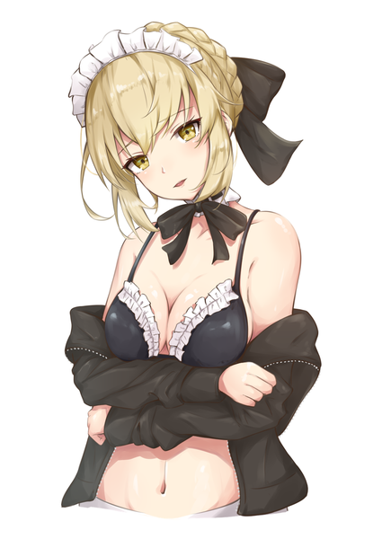 Anime picture 1062x1500 with fate (series) fate/grand order artoria pendragon (all) artoria pendragon (alter swimsuit rider) (fate) hoshimiya mashiro single tall image looking at viewer blush fringe short hair breasts open mouth light erotic blonde hair simple background hair between eyes white background bare shoulders yellow eyes