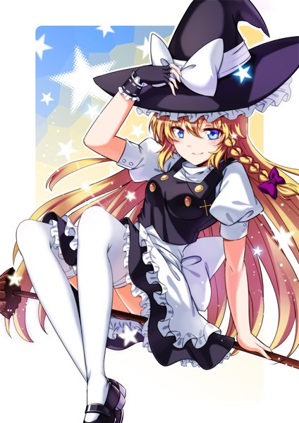 Anime picture 2480x3507 with touhou kirisame marisa koissa single long hair tall image looking at viewer highres breasts light erotic blonde hair smile braid (braids) short sleeves side braid convenient censoring double buttons outline broom riding alternate eye color