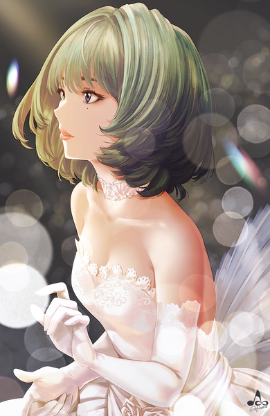 Anime-Bild 1600x2460 mit idolmaster idolmaster cinderella girls takagaki kaede infinote single tall image fringe short hair breasts blue eyes hair between eyes bare shoulders signed looking away cleavage upper body parted lips green hair lips mole