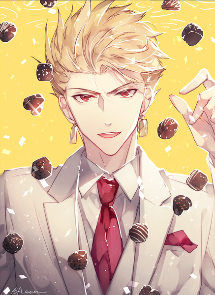 Anime picture 850x1166 with fate (series) fate/stay night gilgamesh (fate) sueun single tall image looking at viewer short hair open mouth blonde hair red eyes signed upper body twitter username yellow background boy earrings necktie food sweets