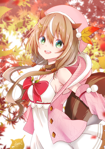 Anime picture 1457x2064 with virtual youtuber hololive hololive indonesia ayunda risu yanagiba sakana single long hair tall image looking at viewer blush fringe breasts open mouth smile hair between eyes brown hair twintails green eyes animal ears tail