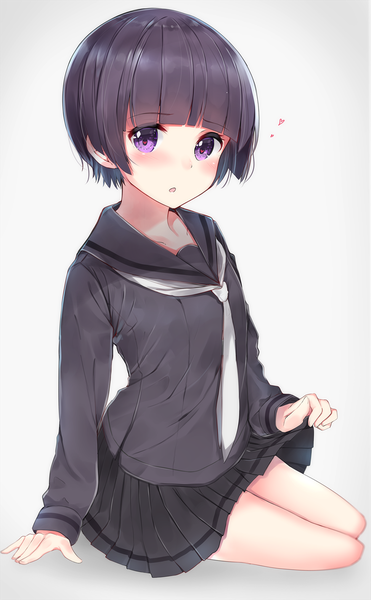 Anime-Bild 1102x1780 mit eromanga sensei a-1 pictures senju muramasa neku (neku draw) single tall image looking at viewer blush short hair open mouth sitting purple eyes purple hair pleated skirt grey background arm support :o gradient background symbol-shaped pupils heart-shaped pupils