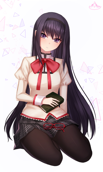 Anime picture 900x1506 with mahou shoujo madoka magica shaft (studio) akemi homura ango single long hair tall image looking at viewer black hair purple eyes girl skirt uniform school uniform pantyhose hairband book (books)