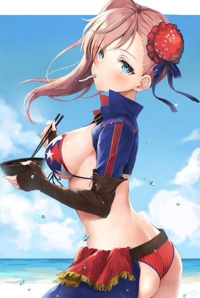Anime picture 1704x2536 with fate (series) fate/grand order miyamoto musashi (fate) miyamoto musashi (swimsuit berserker) (fate) ishida umi single long hair tall image looking at viewer blush fringe highres breasts blue eyes light erotic large breasts standing holding pink hair sky