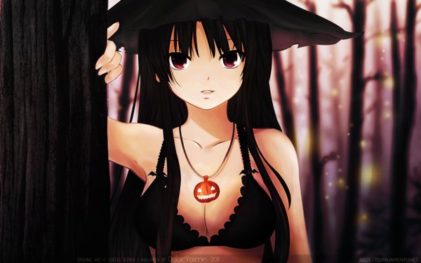 Anime picture 5120x3200 with original coffee-kizoku single long hair highres light erotic black hair red eyes wide image absurdres girl plant (plants) tree (trees) pendant