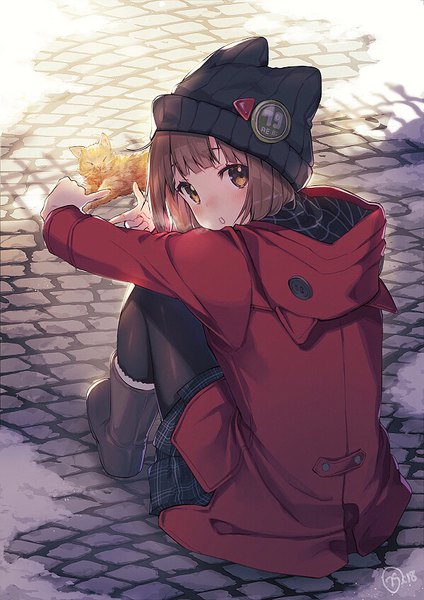 Anime picture 600x849 with original naguri single tall image looking at viewer blush fringe short hair brown hair sitting brown eyes signed full body blunt bangs looking back from above from behind :o plaid skirt winter