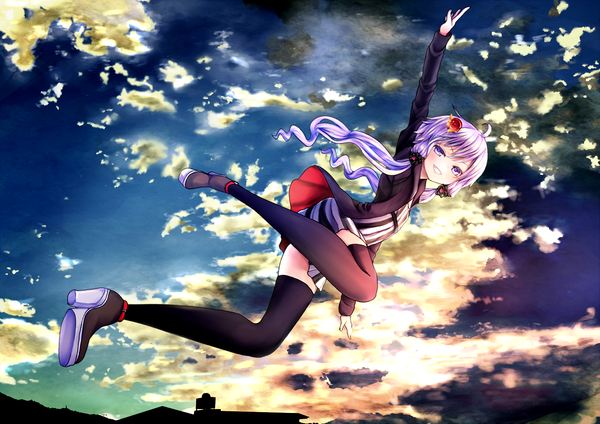 Anime picture 1414x1000 with vocaloid yuzuki yukari as (niconico) single long hair looking at viewer blush open mouth smile purple eyes twintails sky purple hair cloud (clouds) ahoge sunlight open clothes open jacket high heels low twintails