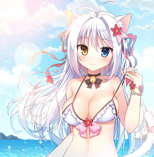 Anime picture 840x853 with original aina rive mauve single long hair tall image looking at viewer blush fringe breasts blue eyes light erotic smile hair between eyes large breasts bare shoulders animal ears yellow eyes cloud (clouds) ahoge