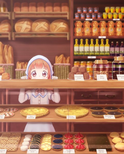 Anime picture 900x1117 with original alba (little witches) single tall image looking at viewer blush fringe short hair brown eyes orange hair peeking price girl bow food sweets apron child (children) chocolate cookie (cookies)