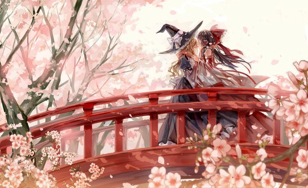 Anime picture 1024x625 with touhou hakurei reimu kirisame marisa lingcat long hair black hair blonde hair wide image multiple girls eyes closed wide sleeves cherry blossoms shoujo ai kiss girl dress bow 2 girls plant (plants) detached sleeves