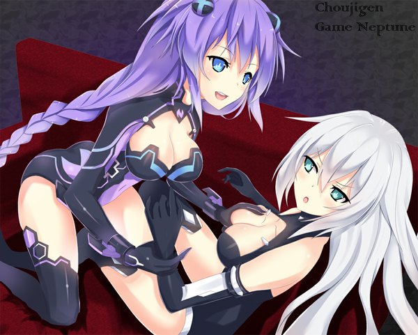 Anime picture 1100x882 with choujigen game neptune purple heart black heart seedkeng long hair blush breasts open mouth blue eyes light erotic smile sitting multiple girls green eyes purple hair white hair braid (braids) legs text single braid