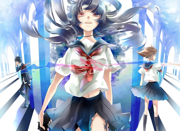 Anime picture 1404x1020 with tachibana yukiji long hair black hair red eyes skirt uniform school uniform