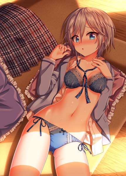 Anime picture 888x1242 with idolmaster idolmaster cinderella girls anastasia (idolmaster) nazu-na single tall image looking at viewer blush short hair breasts open mouth blue eyes light erotic silver hair lying open clothes on back open shirt revision girl