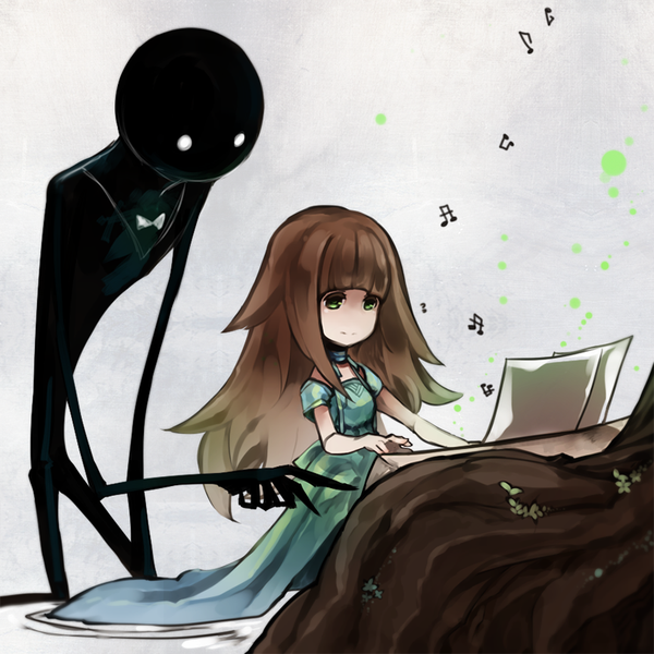 Anime picture 810x810 with deemo girl (deemo) deemo (character) lestored cro long hair blush fringe simple background brown hair sitting green eyes looking away light smile grey background alternate costume kneeling pointing o o teacher girl