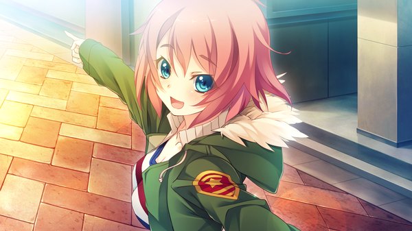 Anime picture 1280x720 with innocent bullet kanzaki sayaka (innocent bullet) single looking at viewer blush short hair open mouth blue eyes wide image game cg red hair girl jacket