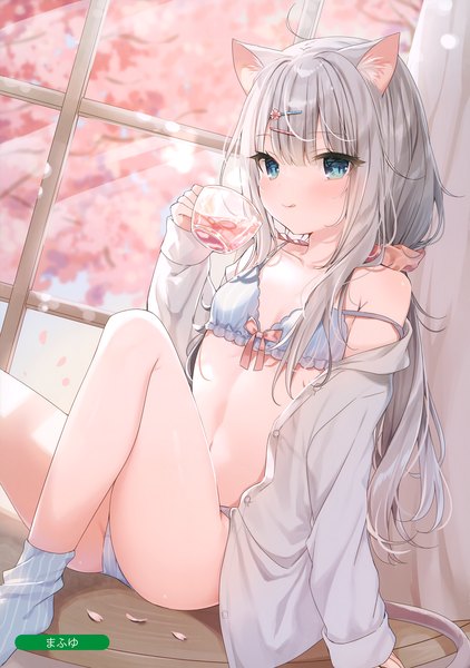 Anime picture 2489x3539 with melonbooks mafuyu (chibi21) single long hair tall image looking at viewer blush fringe highres breasts blue eyes light erotic smile sitting holding signed animal ears payot silver hair ahoge