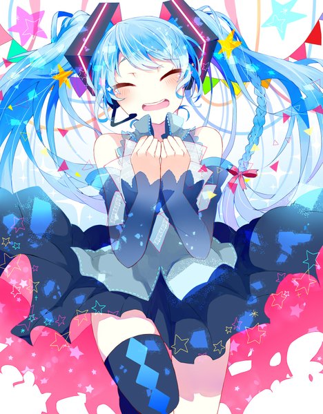 Anime picture 1735x2226 with vocaloid hatsune miku hoshino kisora single long hair tall image blush highres twintails bare shoulders blue hair braid (braids) eyes closed girl thighhighs detached sleeves headphones single thighhigh