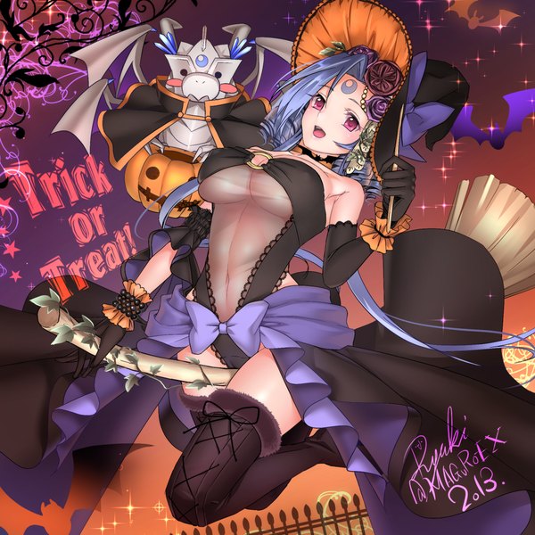 Anime picture 1000x1000 with original ryuki@maguro-ex single long hair breasts open mouth light erotic large breasts blue hair pink eyes drill hair halloween witch trick or treat girl dress gloves bow hat elbow gloves