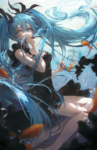 Anime picture 1684x2587 with vocaloid shinkai shoujo (vocaloid) hatsune miku kellymonica02 single tall image fringe hair between eyes twintails bare shoulders blue hair looking away bent knee (knees) very long hair barefoot arm up aqua eyes floating hair underwater covered mouth