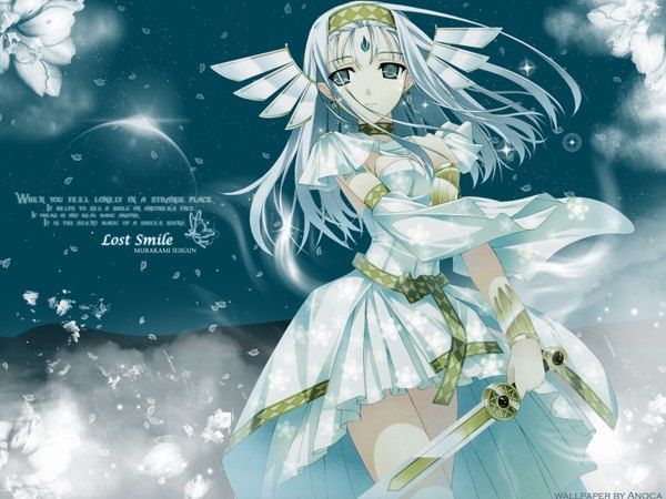 Anime picture 1600x1200 with silvery white elissa ishuchel murakami suigun anoca single long hair looking at viewer blue eyes signed white hair text english third-party edit head wings forehead mark valkyrie girl dress flower (flowers) weapon