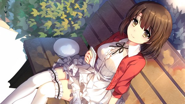 Anime-Bild 1920x1079 mit saenai heroine no sodatekata a-1 pictures katou megumi bison cangshu single looking at viewer highres short hair smile brown hair wide image holding brown eyes dutch angle wallpaper frilled dress hat removed girl thighhighs dress