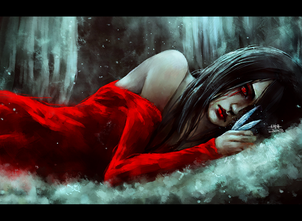 Anime picture 1300x950 with original mara (original character) nanfe single long hair looking at viewer fringe black hair red eyes bare shoulders hair over one eye lipstick tears on side letterboxed red lipstick sad girl dress insect